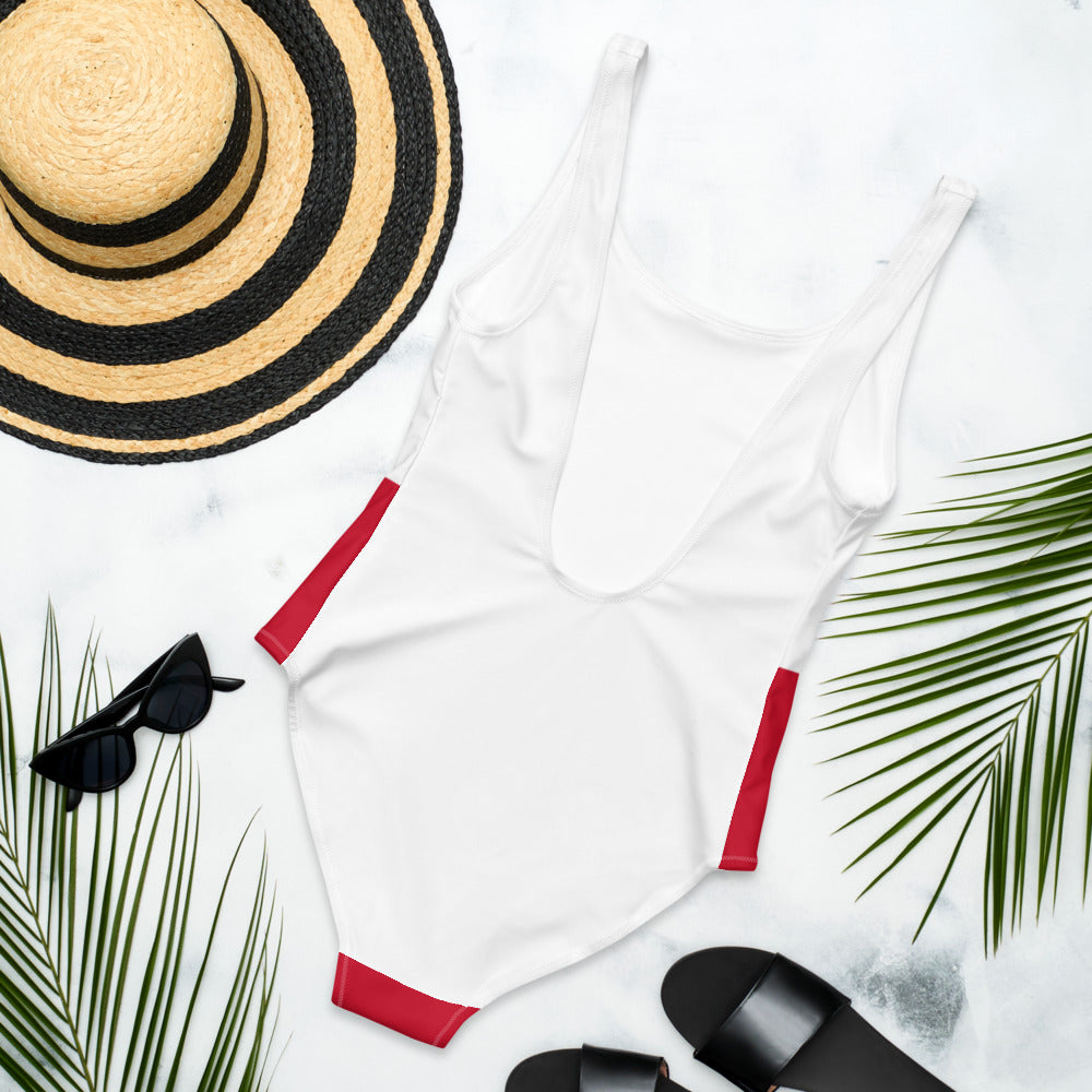 Red Color Block Ask My Husband About Real Estate One-Piece Swimsuit