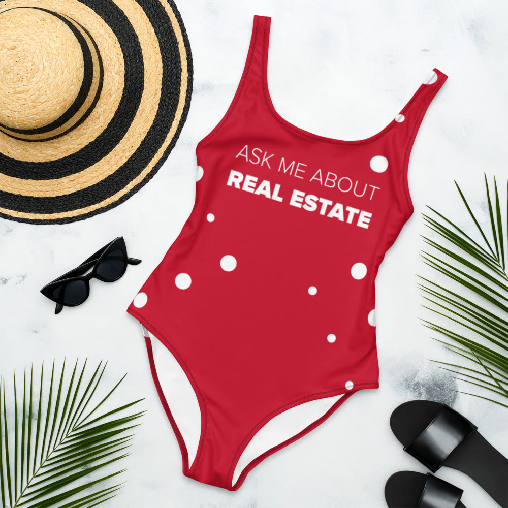 Red Ask Me About Real Estate One-Piece Swimsuit