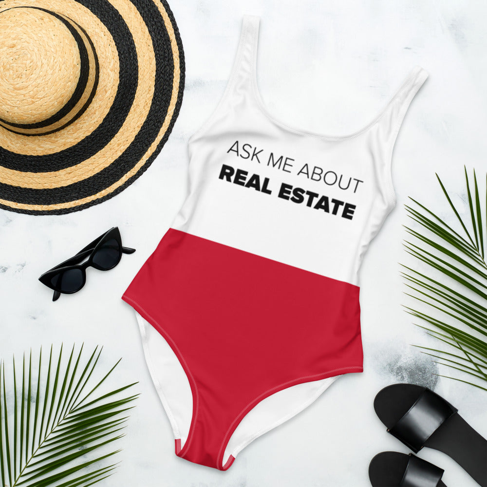 Red Color Block Ask Me About Real Estate One-Piece Swimsuit