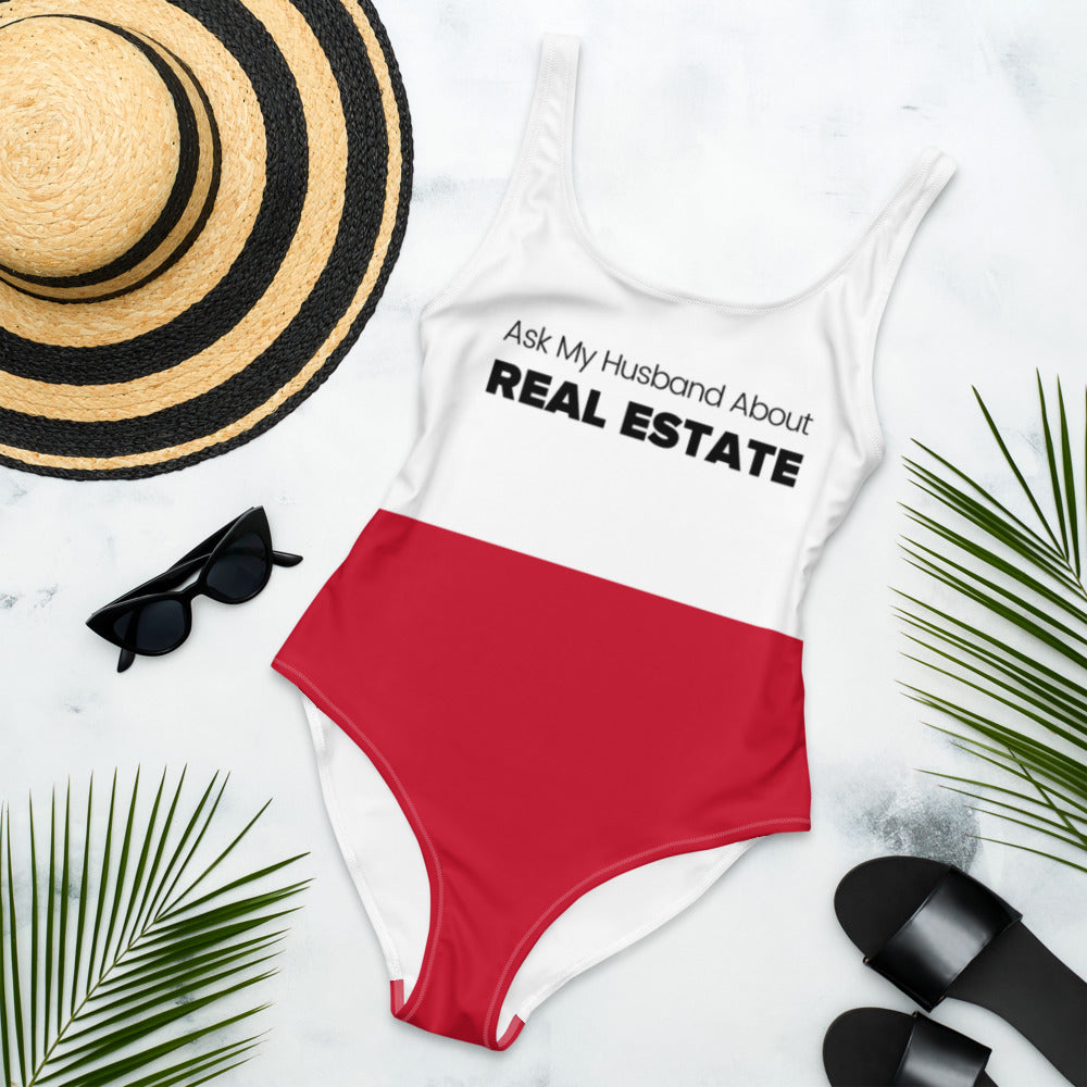 Red Color Block Ask My Husband About Real Estate One-Piece Swimsuit