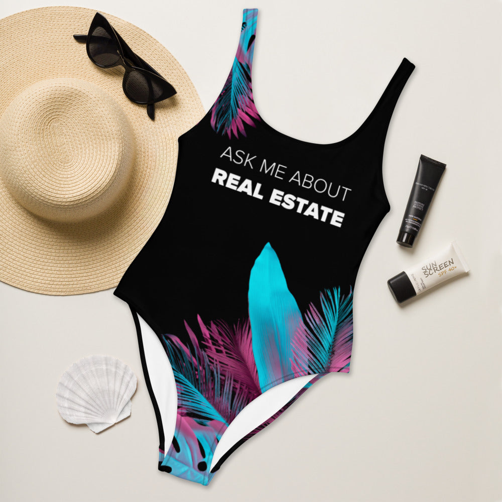 Tropics Black Ask Me About Real Estate One-Piece Swimsuit