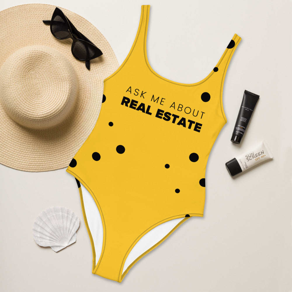Yellow Ask Me About Real Estate One-Piece Swimsuit